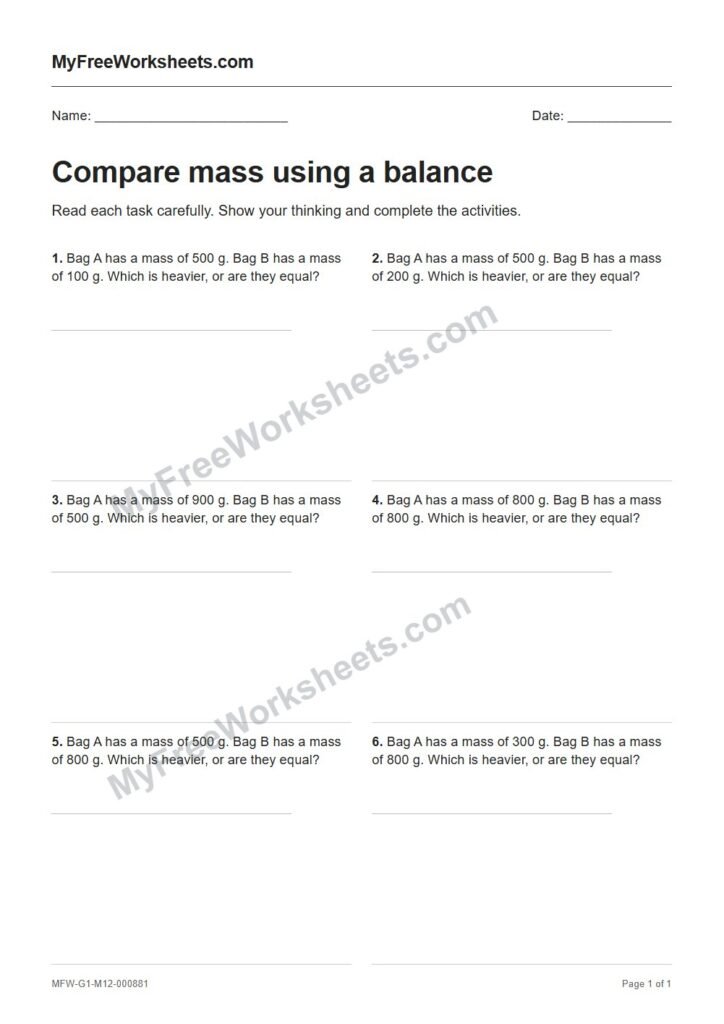 Compare mass using a balance worksheet preview