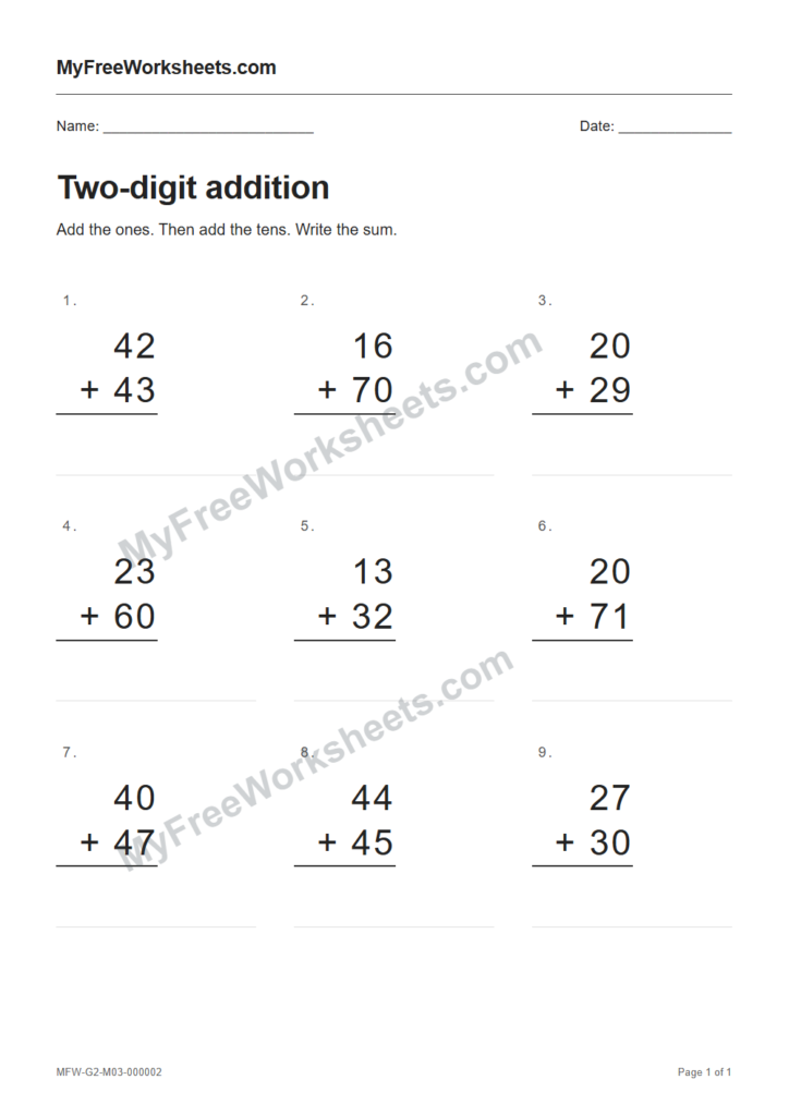 Two-digit addition worksheet preview