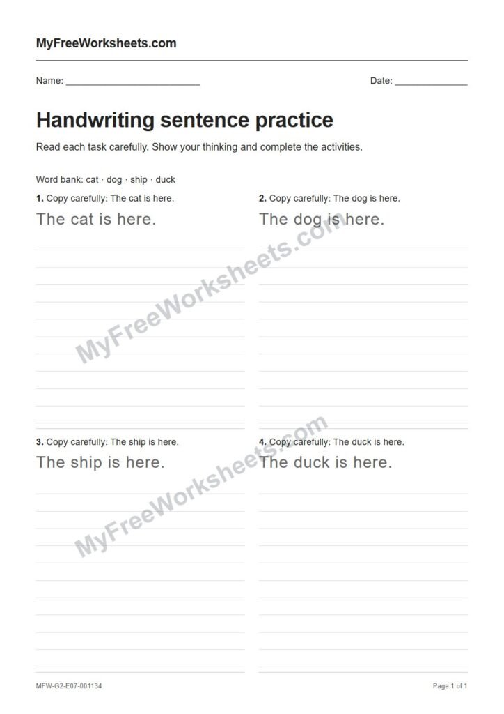 Handwriting sentence practice worksheet preview