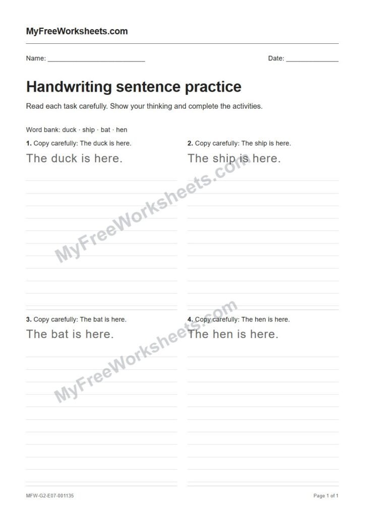 Handwriting sentence practice worksheet preview