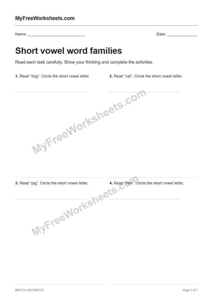 Short vowel word families worksheet preview