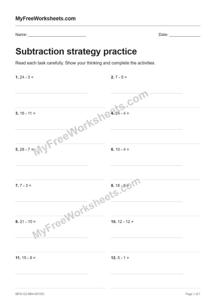 Subtraction strategy practice worksheet preview