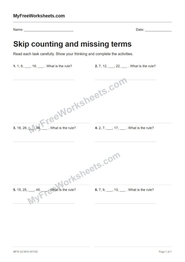 Skip counting and missing terms worksheet preview