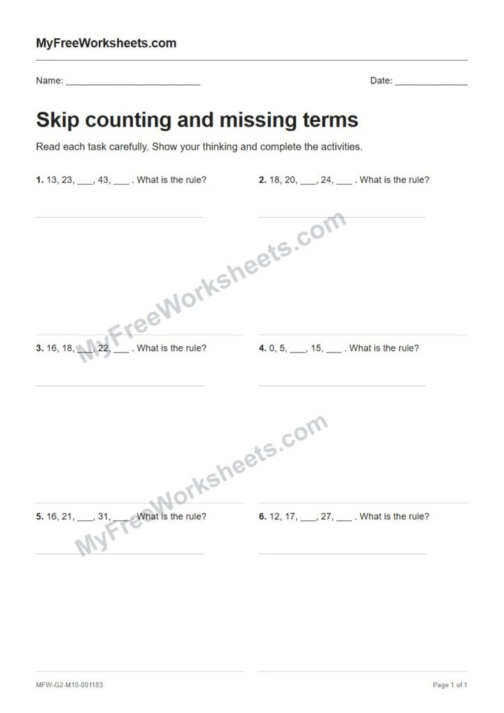 Skip counting and missing terms worksheet preview