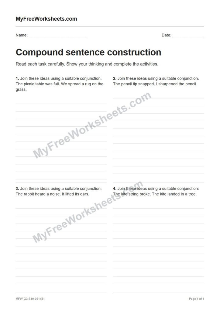 Compound sentence construction worksheet preview