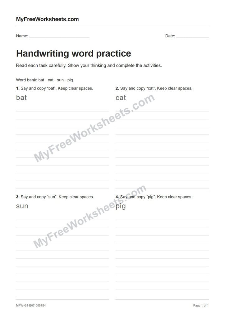 Handwriting word practice worksheet preview