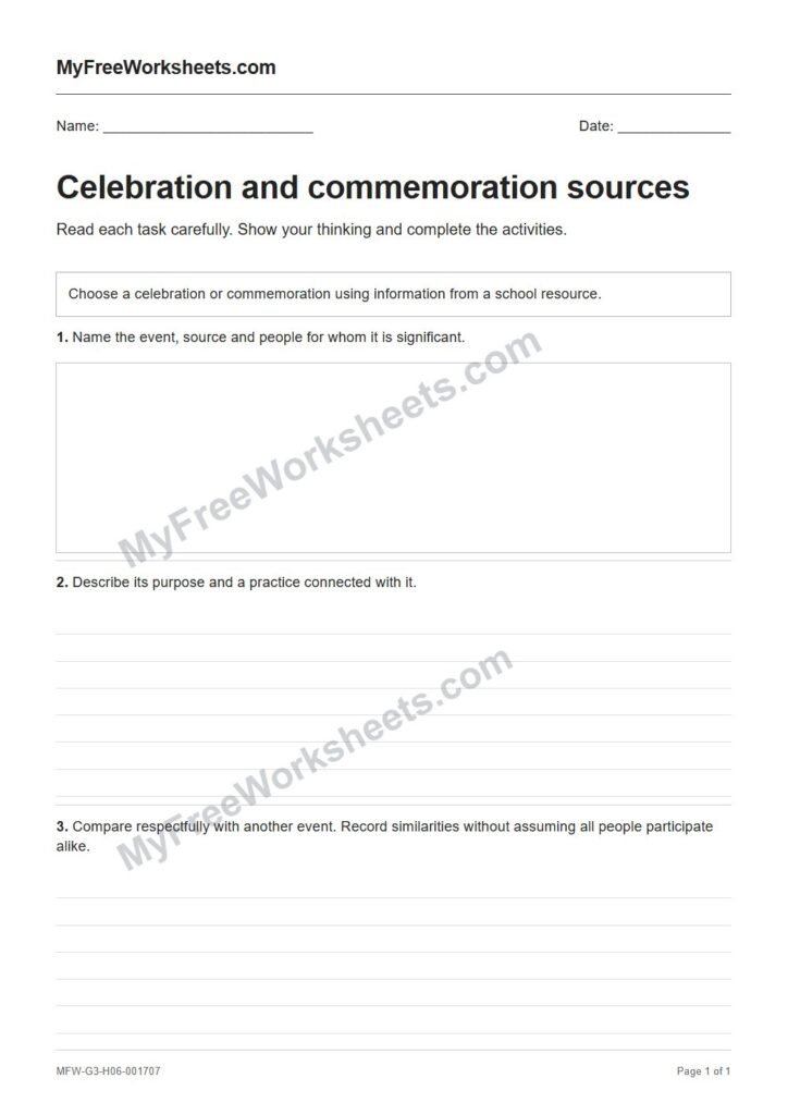 Celebration and commemoration sources worksheet preview