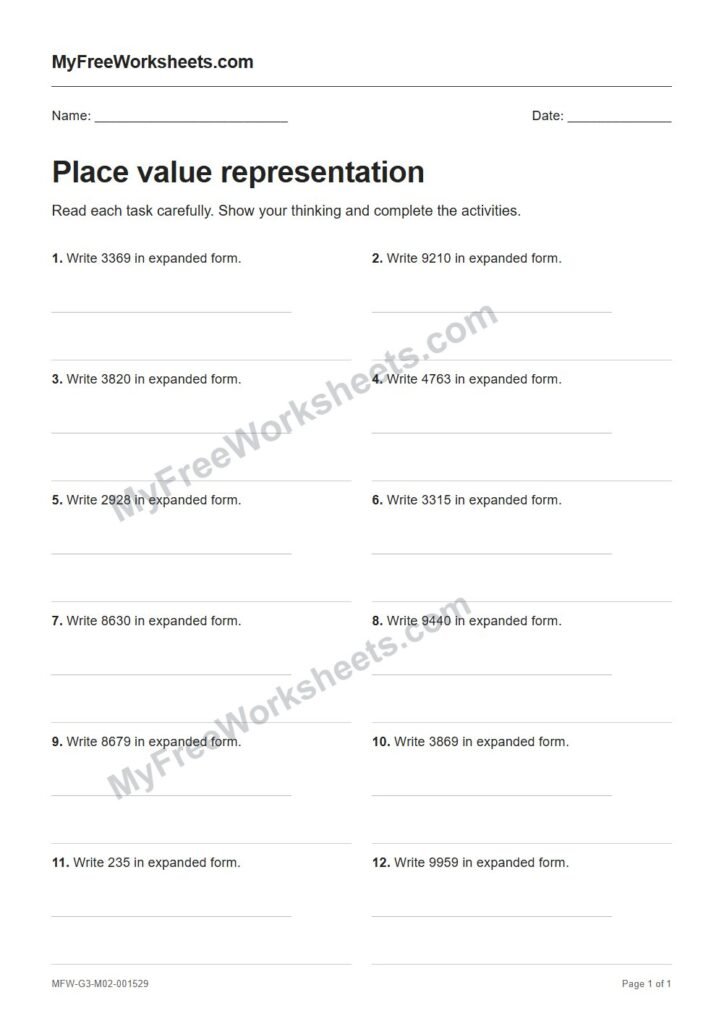 Place value representation worksheet preview