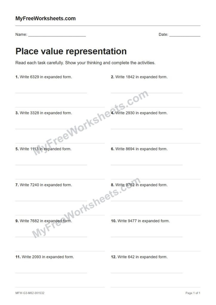 Place value representation worksheet preview