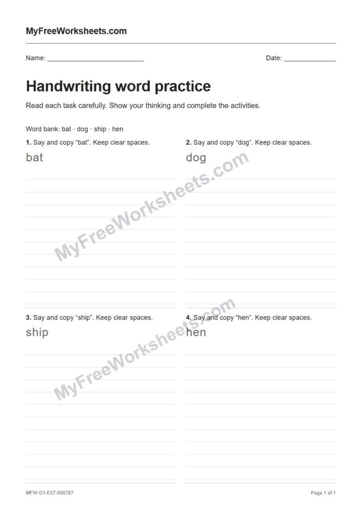 Handwriting word practice worksheet preview