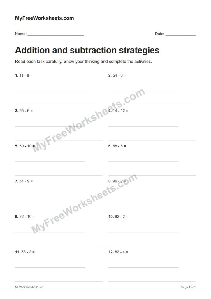 Addition and subtraction strategies worksheet preview