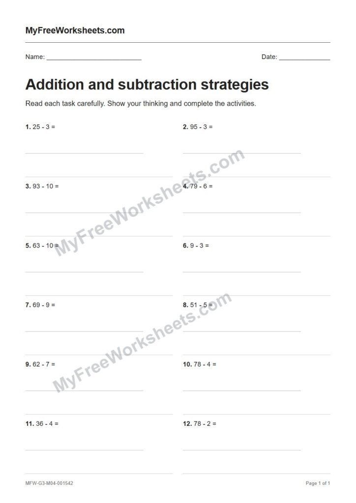 Addition and subtraction strategies worksheet preview