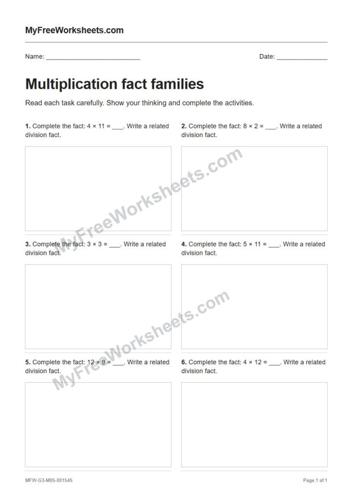 Multiplication fact families worksheet preview