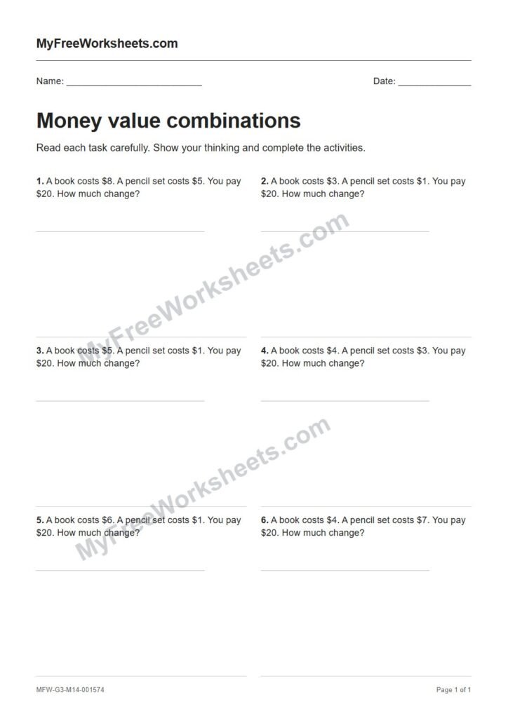 Money value combinations worksheet preview
