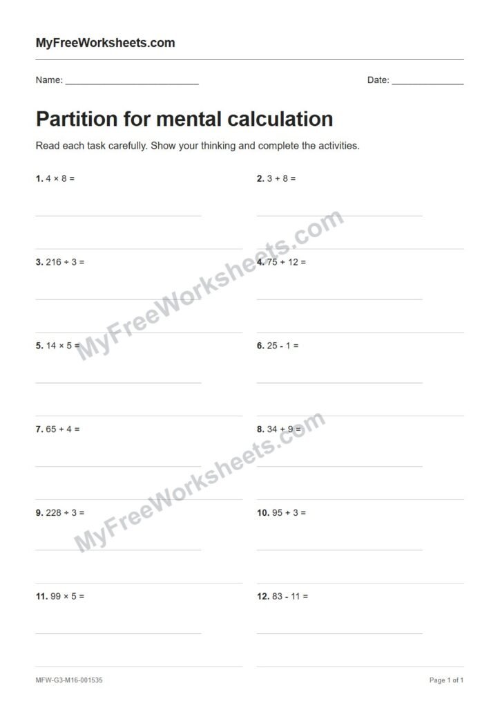 Partition for mental calculation worksheet preview
