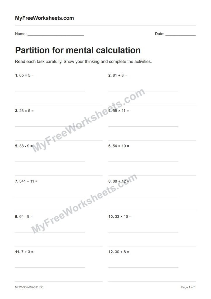 Partition for mental calculation worksheet preview