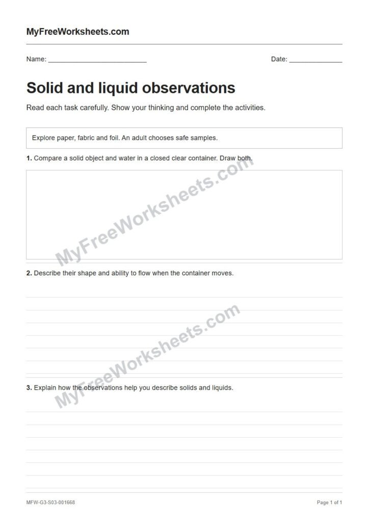 Solid and liquid observations worksheet preview