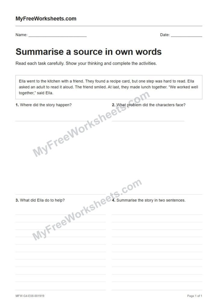Summarise a source in own words worksheet preview