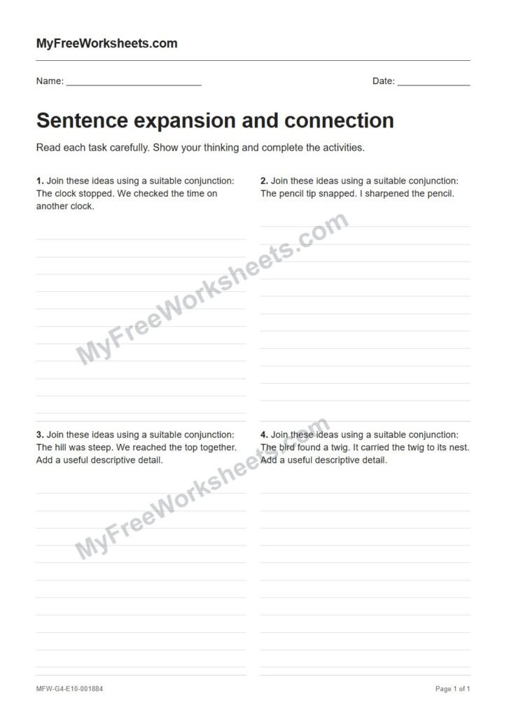 Sentence expansion and connection worksheet preview