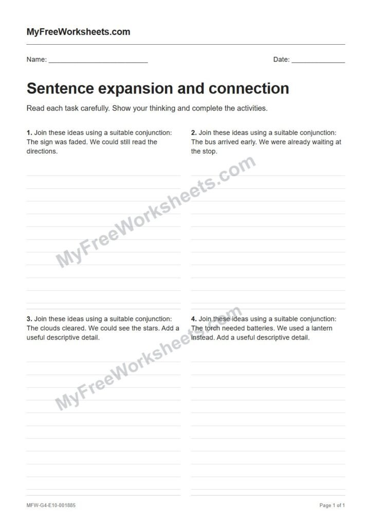Sentence expansion and connection worksheet preview