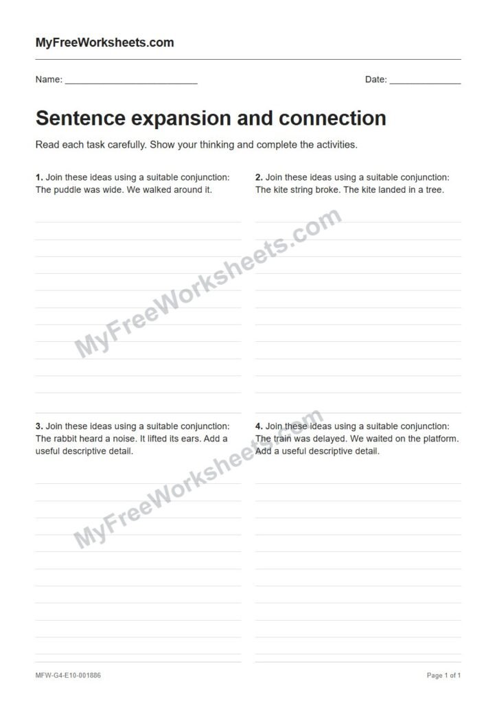 Sentence expansion and connection worksheet preview