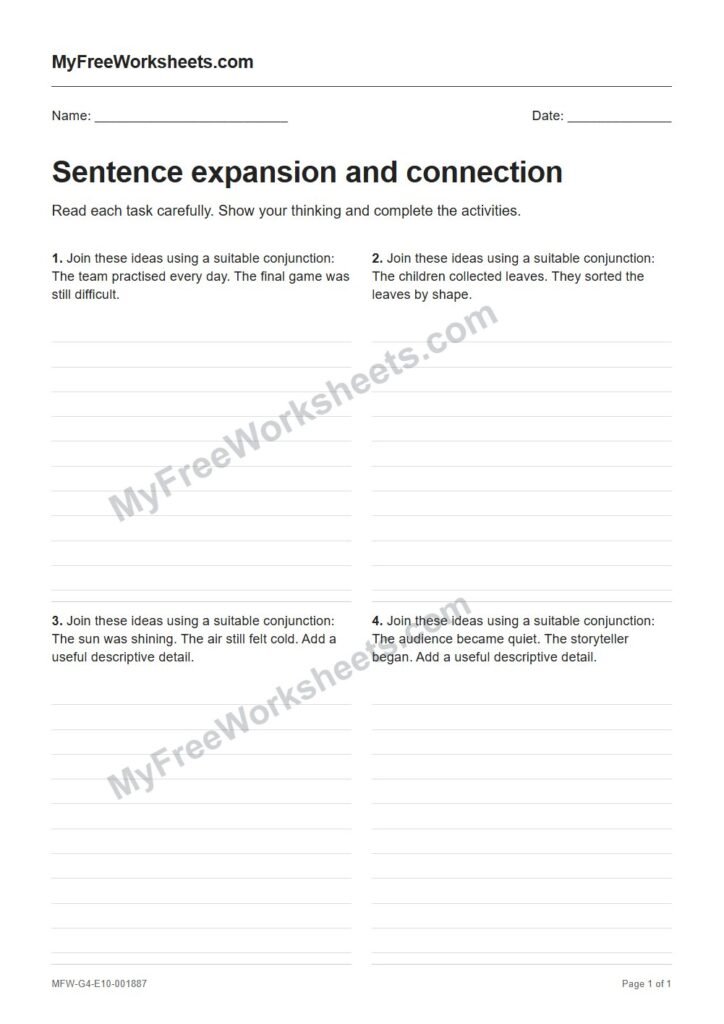 Sentence expansion and connection worksheet preview