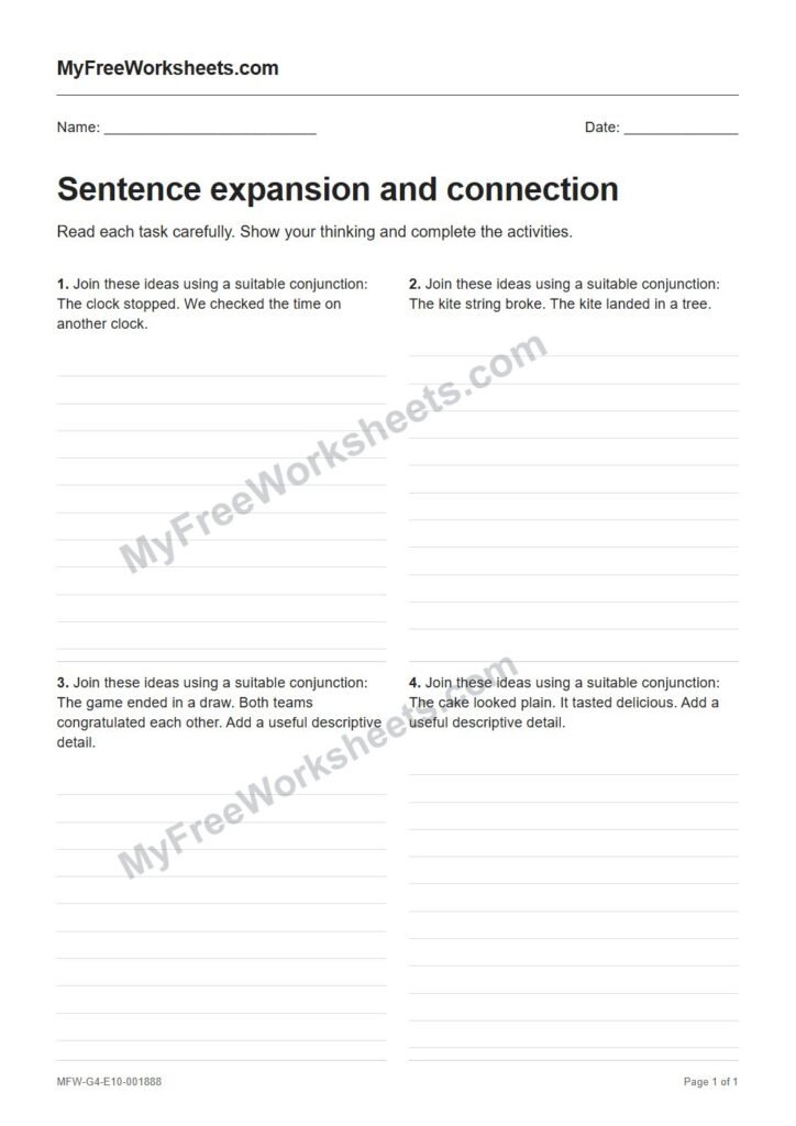 Sentence expansion and connection worksheet preview