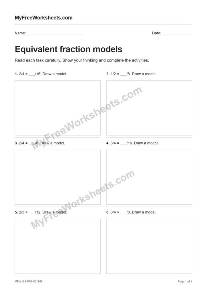 Equivalent fraction models worksheet preview