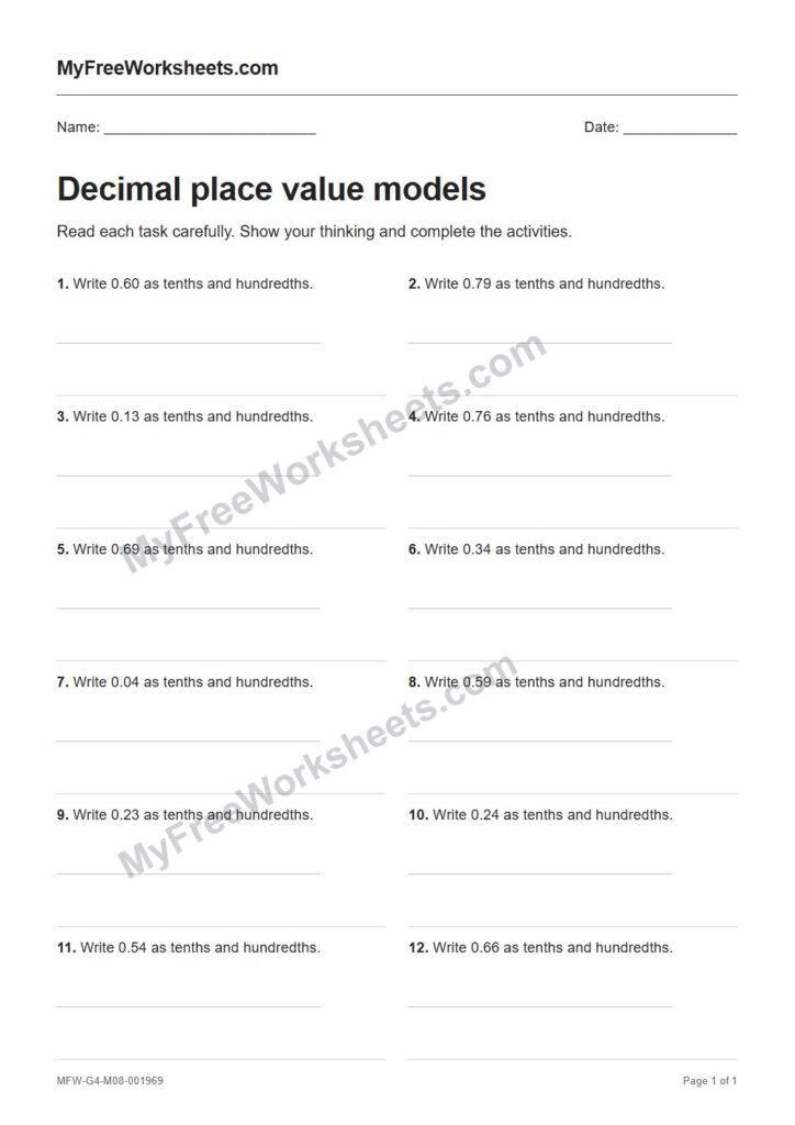 Decimal place value models worksheet preview