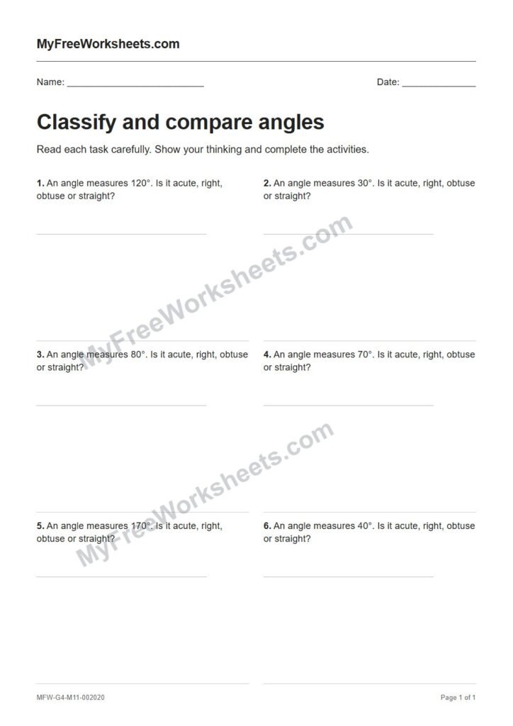Classify and compare angles worksheet preview