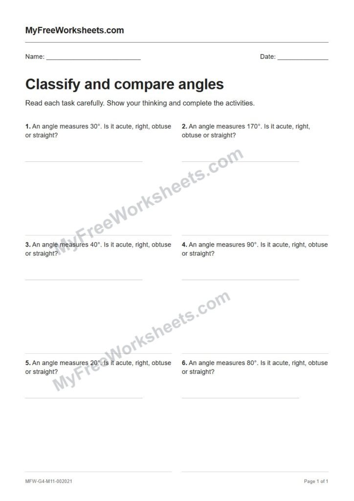 Classify and compare angles worksheet preview