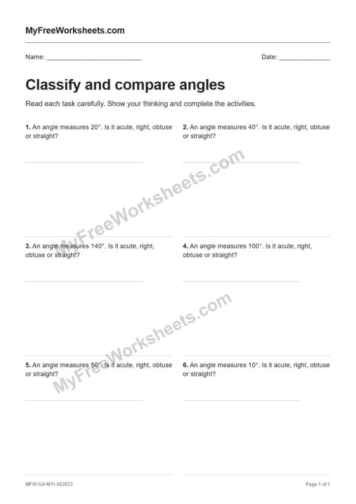 Classify and compare angles worksheet preview