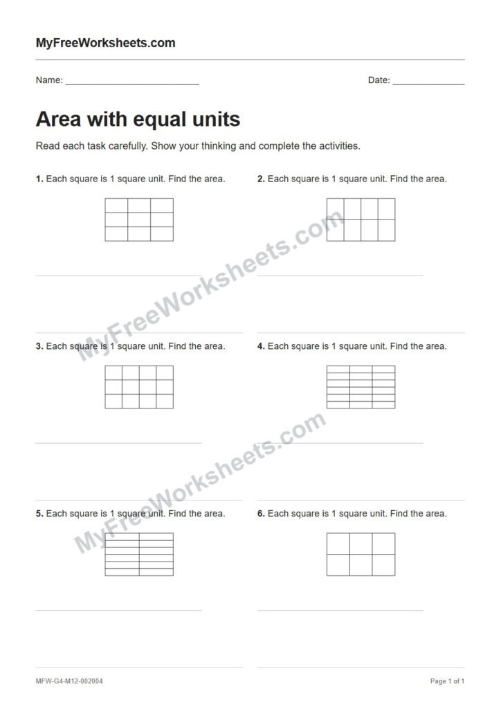 Area with equal units worksheet preview