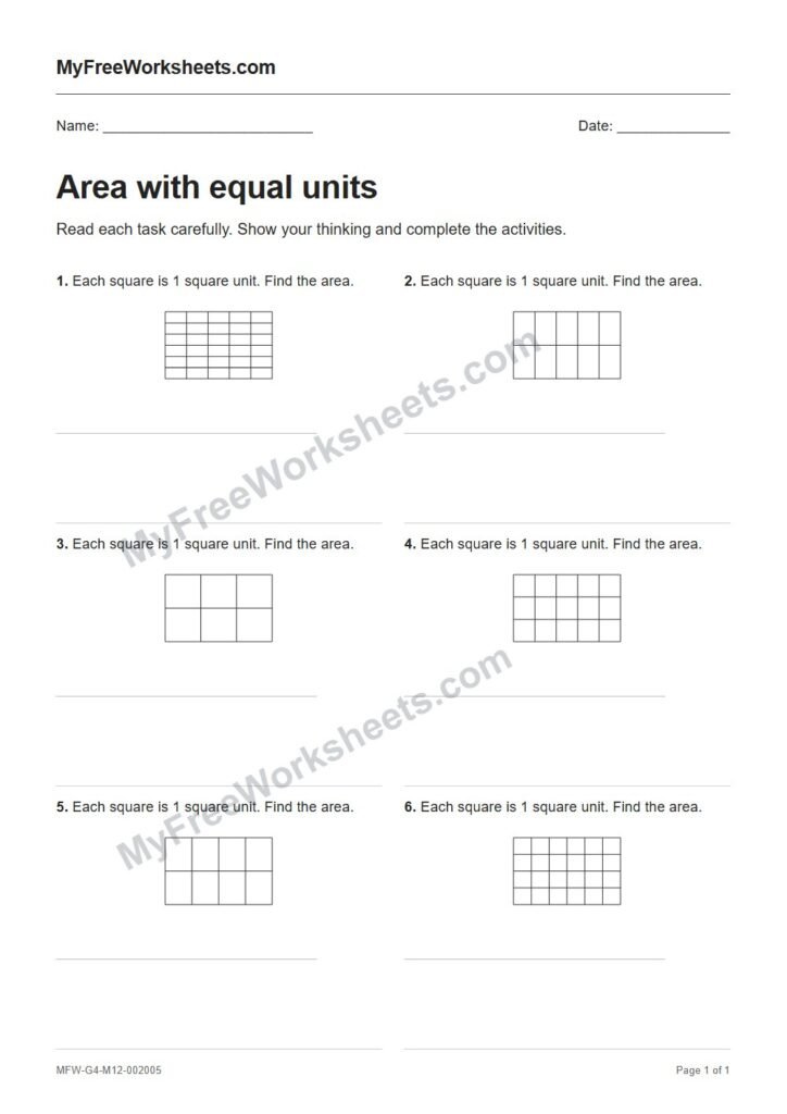 Area with equal units worksheet preview