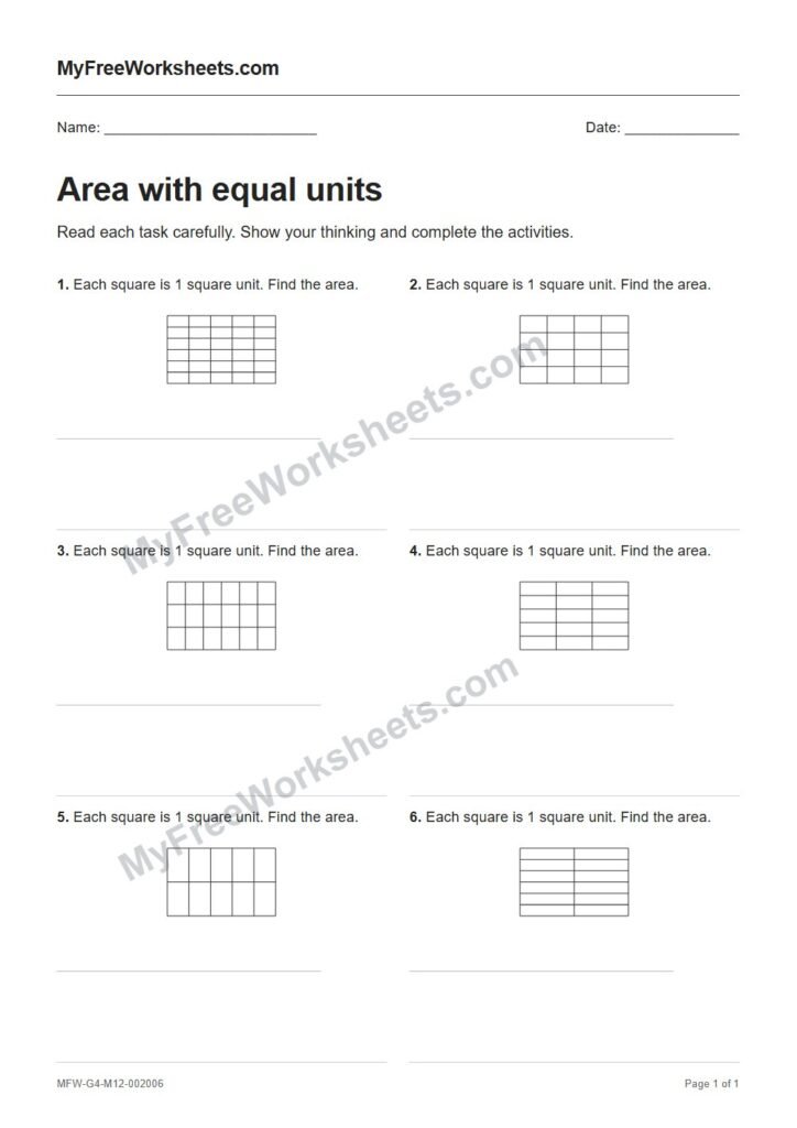 Area with equal units worksheet preview