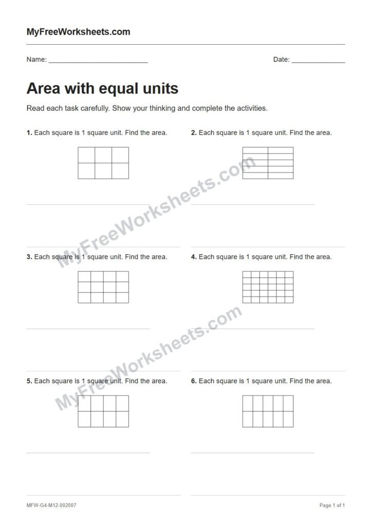 Area with equal units worksheet preview