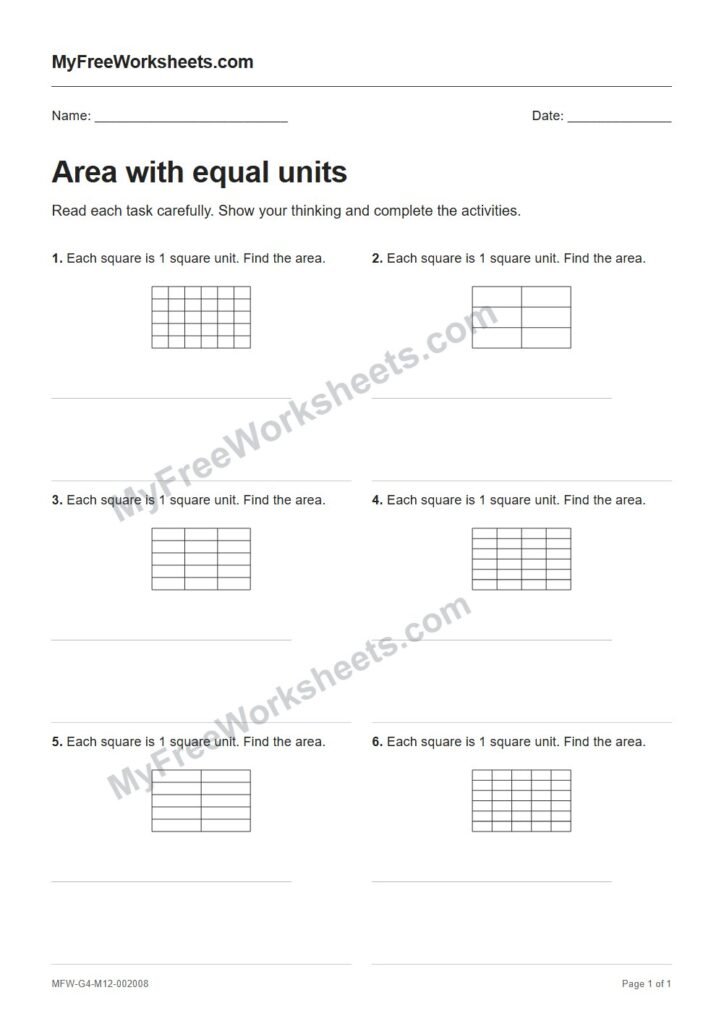 Area with equal units worksheet preview