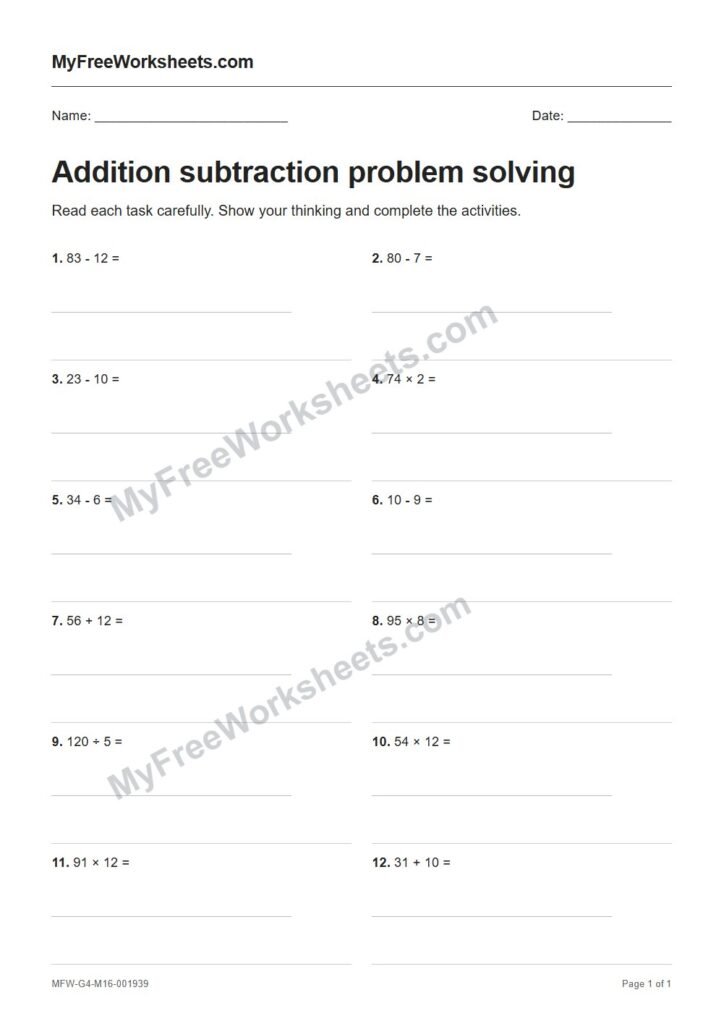 Addition subtraction problem solving worksheet preview