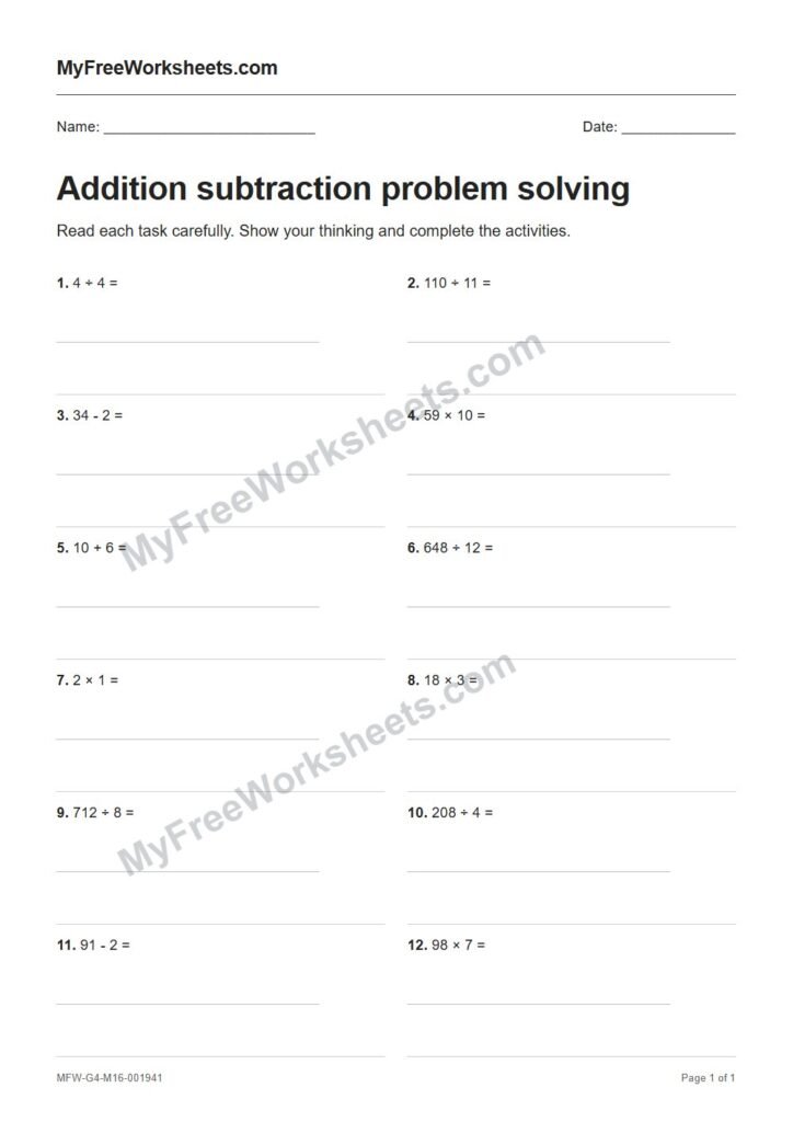 Addition subtraction problem solving worksheet preview