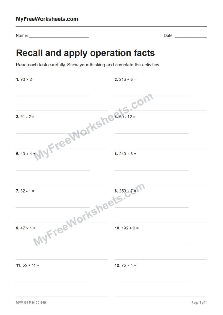 Recall and apply operation facts worksheet preview