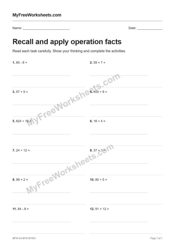 Recall and apply operation facts worksheet preview