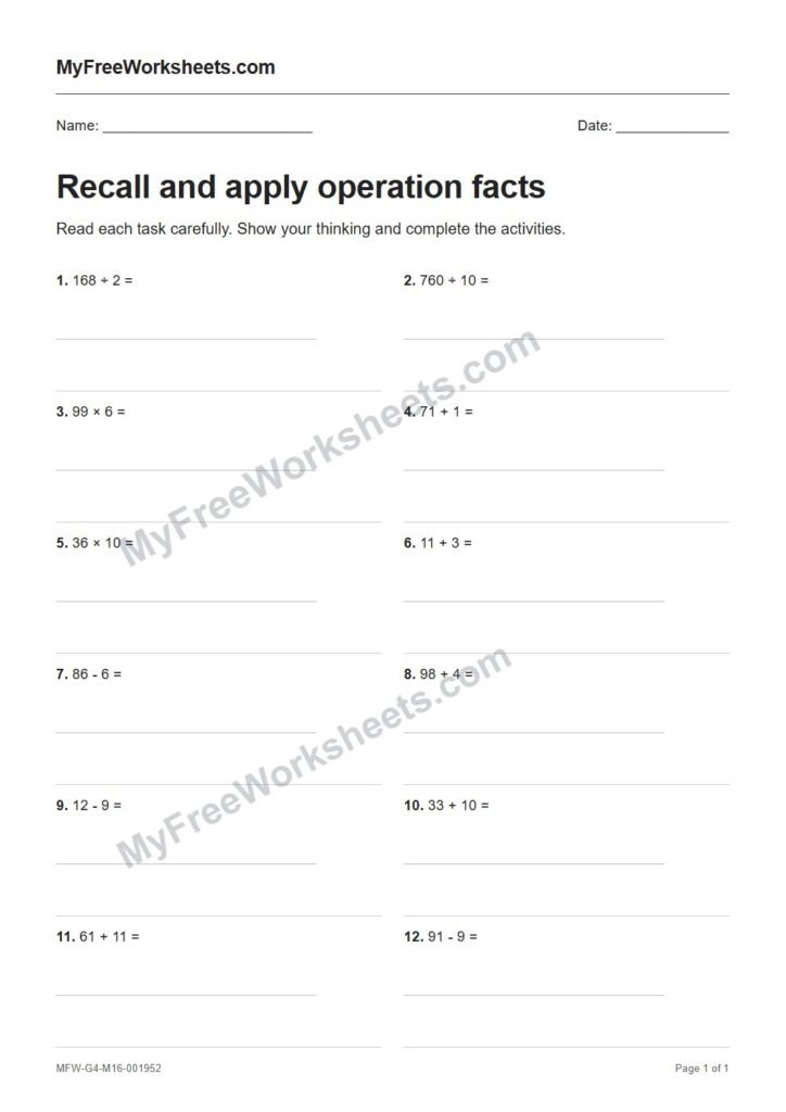 Recall and apply operation facts worksheet preview