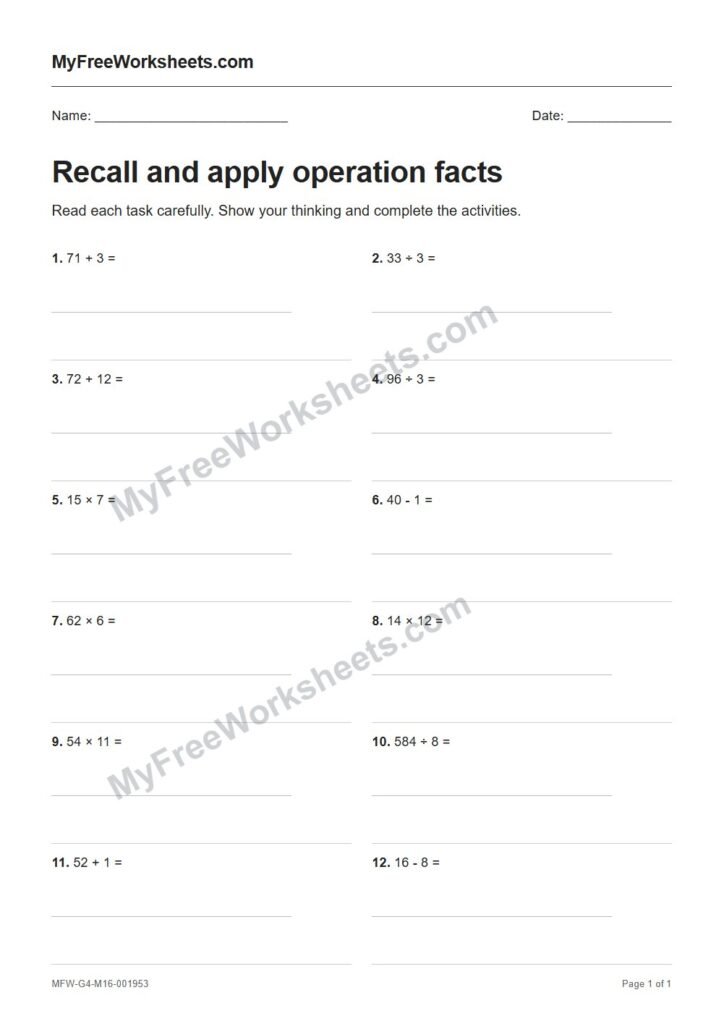 Recall and apply operation facts worksheet preview