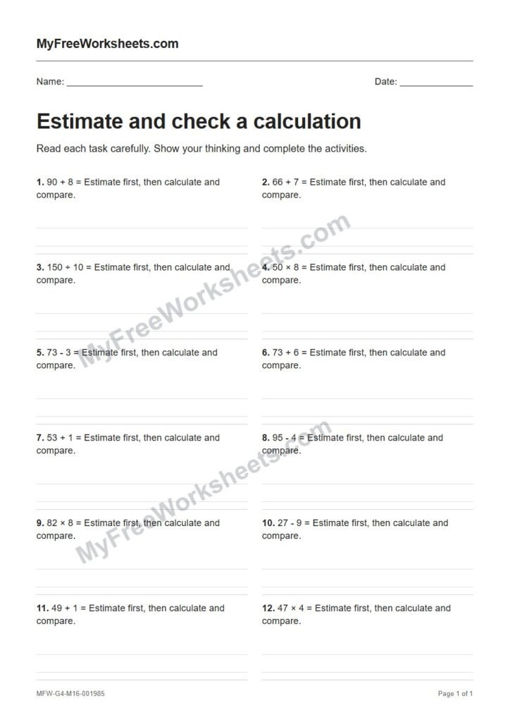 Estimate and check a calculation worksheet preview