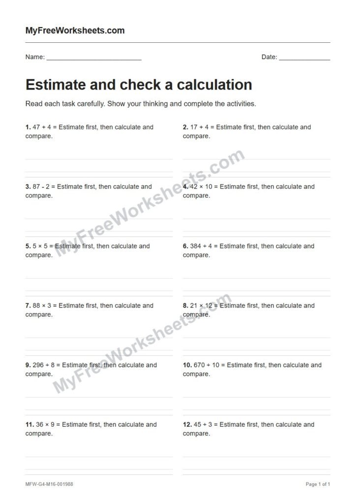 Estimate and check a calculation worksheet preview