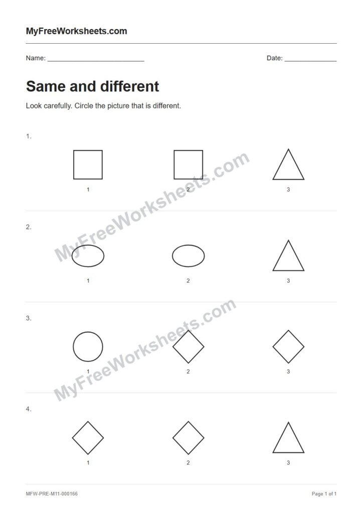 Same and different worksheet preview