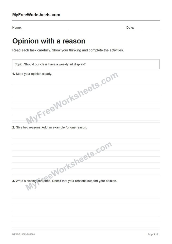 Opinion with a reason worksheet preview