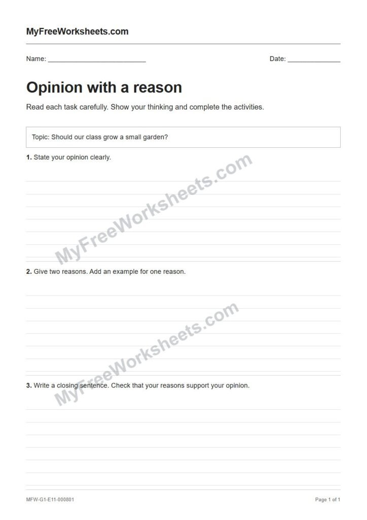 Opinion with a reason worksheet preview