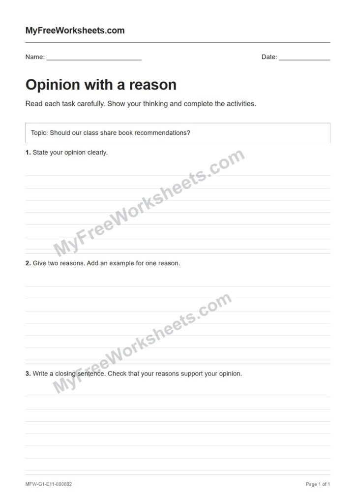 Opinion with a reason worksheet preview