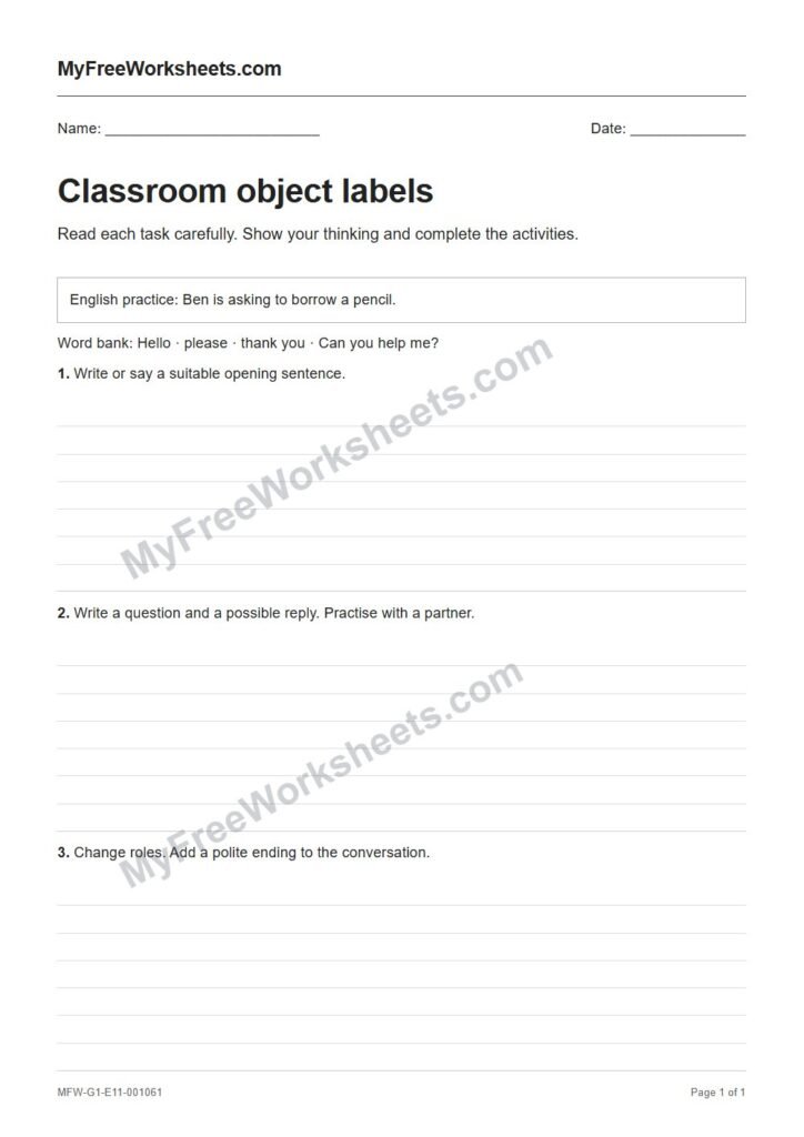 Classroom object labels worksheet preview